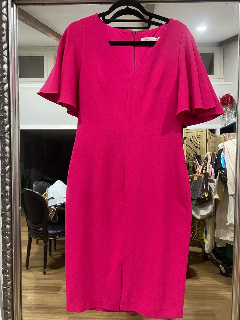 Eliza J Fuchsia V-Neck Flutter Sleeve Midi Dress
